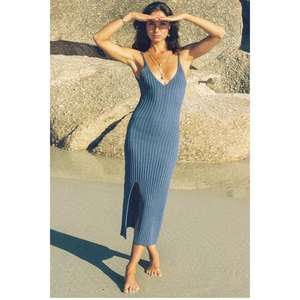 Robe midi en tricot côtelé pour femmes, imprimé floral écologique, sans manches, col en V, taille naturelle, lavable, fente latérale, plage - Product Image 2