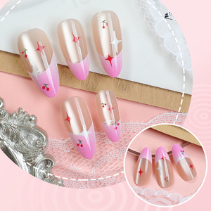 Lot de 24 faux ongles en amande à presser : Design français violet avec étoiles et <span class=keywords><strong>cerises</strong></span> peintes à la main – Kit d'ongles préfabriqués - Product Image 3