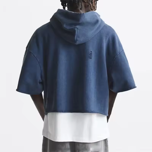 เสื้อฮู้ดแบบสวมหัวแขนสั้นมีฮู้ดขอบดิบแบบวินเทจเสื้อฮู้ดกล่องปรับแต่งโลโก้ได้ - Product Image 2