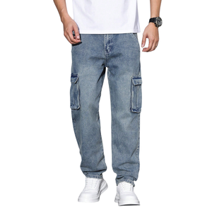 Mens <b>Light</b> Blue Denim Cargo Pants Loose Fit Straight Leg Multi Pocket Casual Washed Utility Jeans 100% Cotton Mid Everyday Wear - Product Image 1