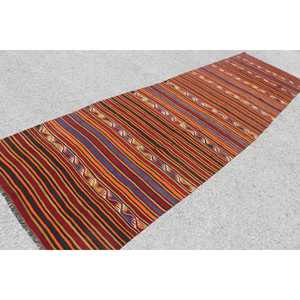 Turkish Rug, 4x13.5 ft <b>Runner</b> Rug, <b>Red</b> Blue Kilim Wool Rug - Product Image 2