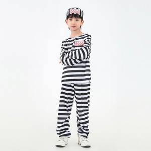 囚人コスチューム子供服ストライプ柄男の子女の子黒白刑務所テーマキッズクラシック - Product Image 1
