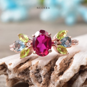 Belle bague multi-pierres rubis, péridot et aigue-marine bague en grappe 6*8mm ovale taille laboratoire rubis 10K solide bague en or rose - Product Image 2
