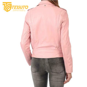 Chaqueta de motorista de cuero real para mujer, piel de oveja de anilina con cremallera, forro de viscosa acolchado rojo, bolsillos exteriores interiores - Product Image 3
