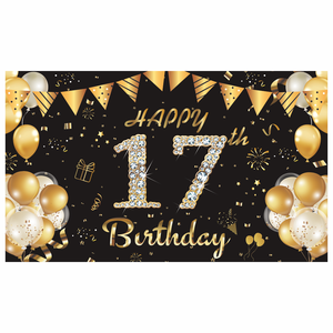 Bannière d'anniversaire personnalisée 70.8x43in 17th noir or ballon thème fête fond tapisserie garçon fille anniversaire toile de fond bannière - Product Image 1