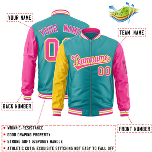 Chaqueta Bomber Universitaria Personalizada en Verde Azulado, Rosa y Amarillo con Nombre de Equipo, Número y Logotipo Personalizados, Ropa Deportiva Atlética para Universidad o Escuela - Product Image 2