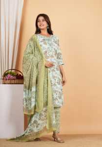 Ensemble Kurta Pantalon Dupatta en coton vert menthe avec col noué, broderie florale et travail de miroir, coupe droite mi-longue pour femmes - Product Image 3