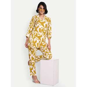 Pantalones de traje elegantes con estampado geométrico de color mostaza para mujer, ropa de vacaciones Formal informal personalizada de estilo occidental - Product Image 1