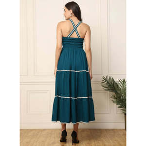 DEEBACO Women's Solid Teal Rayon Tiered <b>Dress</b> Sweet Heart Neck Sleeveless Fit and Flare Maxi Length Party Casual Western Wear - Product Image 4