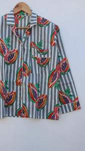 Ensemble de pyjamas en pur coton à imprimé rayé Vêtements de nuit doux Tissu tissé décontracté-Cadeau pour elle - Product Image 3