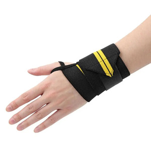 Muñequeras negras de Venta caliente con diseño de dos rayas amarillas, muñequera de elevación para entrenamiento físico, entrenamiento de gimnasio - Product Image 4