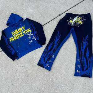 เสื้อมีฮู้ดแบบรูดซิปของผู้ชายและกางเกงทรงแบนพร้อมชุดซับเหงื่อผ้าคอตตอนผ้า100พิมพ์ลายสำหรับ400gsm - Product Image 6