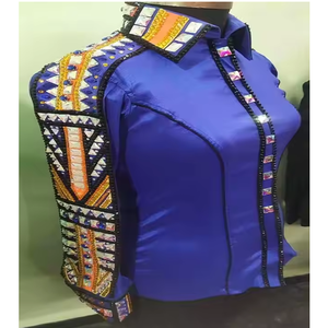 Camisa de espectáculo occidental de tafetán elástico de alto rendimiento con intrincado vidrio Blings ropa Ecuestre para jinete elegante - Product Image 1