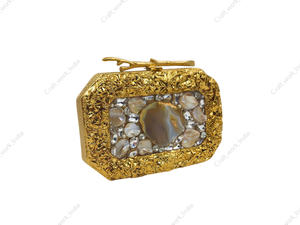 Luxury Gold Panelled Metal <b>Clutch</b> <b>Bag</b> with Natural Agate Stone and Mother of <b>Pearl</b> Inlay Crystal Evening Handbag for Women Party - Product Image 3