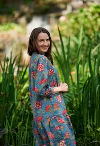 Robe de jardin japonaise bohème, nouvelle, imprimée à la main, en coton pur, à fleurs, bleu et rouge, décontractée - Product Image 6