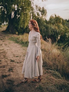 Robe mi-longue en lin enveloppante bohème pour femmes à manches longues robe longue tissée écologique options de taille plus disponibles - Product Image 4