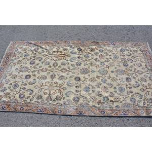 Vintage Turkish Rug Classic Beige Blue 3.9 X 7.5ft Handmade Wool Patchwork Rectangular Hallway Design for Living Bedroom Latex - Product Image 4