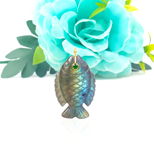 Pendentif en pierre précieuse sculpté de poisson lisse multi-pierres naturelles pour collier en argent sterling 925 plaqué or pendentif à breloques bijoux - Product Image 4