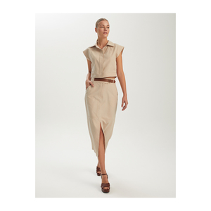 Jupe midi décontractée pour femme en mélange de coton à taille haute avec détail ceinture en cuir, respirante et écologique - Product Image 1