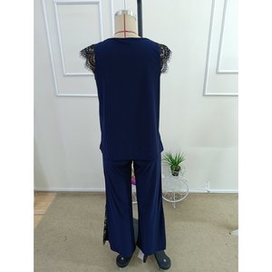 Conjunto de dos piezas de blusa y pantalón de encaje con cuello en V y manga corta para mujer, 35200 - Azul marino - Product Image 5