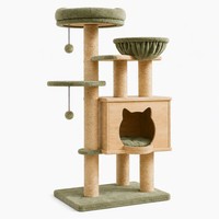 Arbre à chat en bois avec maisonnette, hamac et griffoirs pour grands chats, intérieur, vert sauge