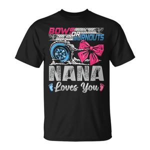 T-shirt promozionale Nana Loves You Gender Reveal per Burnouts o Bows, ideale per feste ed eventi - Product Image 1