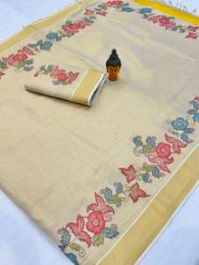 ผ้าส่าหรีเนื้อผ้าทิชชูสีทองแบบเคอร์เรล่า พร้อมพัลลูสวยงามและลายจาร์ลาร์ ผ้าส่าหรีสำหรับผู้หญิง ผลิตในอินเดีย มีสินค้าพร้อมส่ง - Product Image 2