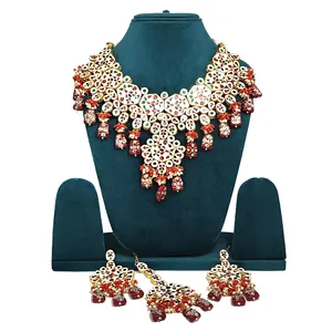 Shaili <b>Craft</b> Maroon Crystal Bezel Setting Necklace Set Earrings Alloy Rhodium Plated Wedding Jewelry for Women Vintage Style - Product Image 2