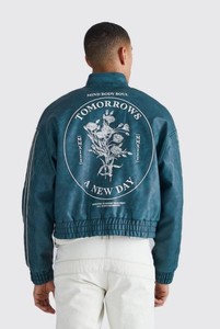 Chaqueta de moto de cuero a rayas bordadas con dobladillo elástico recortada de talla grande para invierno de fabricante de fábrica Unisex - Product Image 3