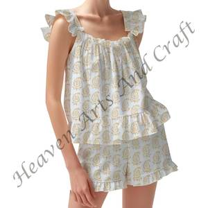 Conjunto de pijama de algodón con estampado de bloques a mano, pantalones cortos florales, manga con volantes, Primavera/Verano, conjunto de pijama con tiras y volantes - Product Image 3