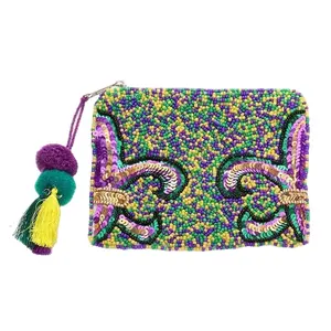 MARDI GRAS mini sac perle de rocaille sequin fleur de lis pom pom pompon mini pochette à monnaie