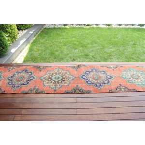 2.2x12.3 ft Vintage Rug, Turkish <b>Runner</b> Rug, <b>Red</b> Polka dot Wool Rug - Product Image 3