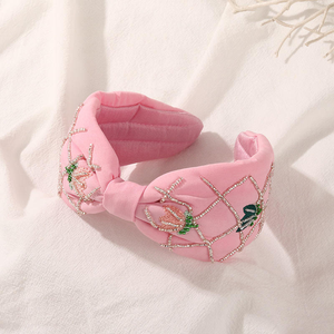 Bandeau en tissu à carreaux perlé avec broderie de tulipes, couleur bonbon, accessoires de mode pour femmes - Product Image 3