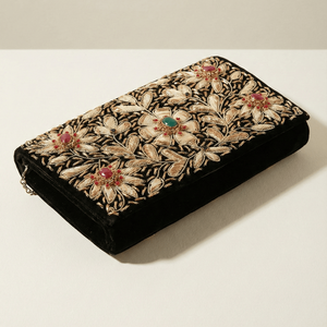 Gulnaar Garden Zardozi Embroidered Evening <b>Clutch</b> Satin Lined Party <b>Bag</b> Floral Square Rhinestone Crystal Brass Pearl Chain - Product Image 3