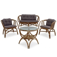 Ensemble de meubles de jardin d'extérieur de luxe en rotin poli naturel, canapé, fauteuils, table basse en verre, pour patio, salon, hôtel