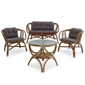 Natural Polished <b>Rattan</b> Outdoor Garden Furniture Set <b>Sofa</b> Armchairs Glass Coffee Table Patio Setup Room Decor Art Pure Design - Product Image 1