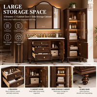 Meuble-lavabo de salle de bain d'hôtel en chêne massif résistant à l'eau 1000mm 500mm avec armoire latérale, tiroirs, vasque en céramique, miroir intelligent, style classique