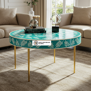 Table basse ronde moderne en os et résine indiens avec motif floral et base en métal doré - Product Image 1