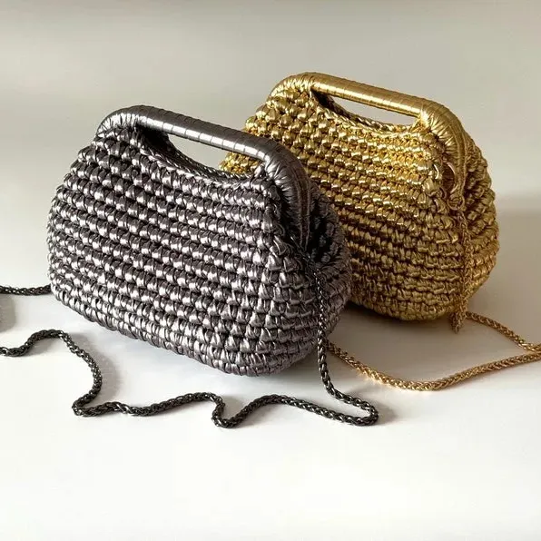 Shiny Silver Gold Woven Metallic Raffia Pouch Clutch Bag with Handle Wedding Bridesmaid Clutch Evening Vegan Leather