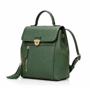 Sac à dos en cuir vert de luxe avec fermeture à rabat et pompon, style designer, idéal pour les étudiants et les jeunes professionnels - Product Image 2