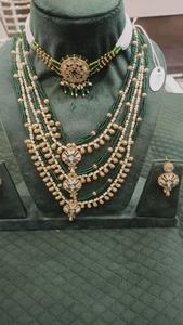 Royal Multi Layered <b>Green</b> <b>Beaded</b> Kundan <b>Necklace</b> Set with Pearls & Earrings Bridal and Festive Jewelry for Grand Occasions - Product Image 2