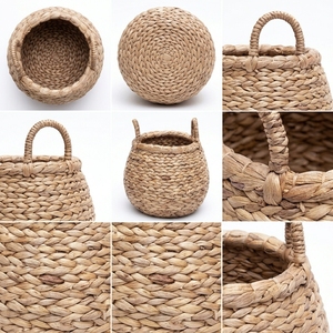 Panier de rangement en jacinthe d'eau naturelle, pot de fleurs sphérique tressé épais avec poignée en arche, décoration artistique pour l'aménagement de la pièce, artisanat d'art pur - Product Image 2