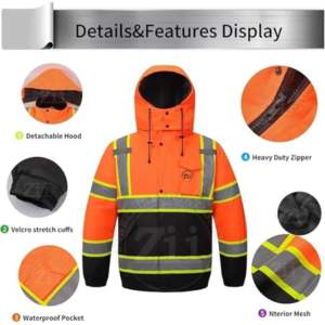 เสื้อแจ็คเก็ตนิรภัยสะท้อนแสง ANSI Class 1 สำหรับฤดูหนาว เหมาะสำหรับวิศวกรก่อสร้าง แบบ Softshell มีฮู้ด สีดำ  พร้อมโลโก้สั่งทำพิเศษ ไฟ LED กระพริบ - Product Image 3