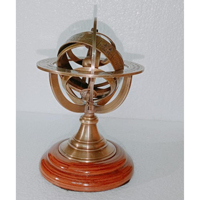 Armillary antique en laiton avec base en bois - Sphère armillary nautique avec support, globe terrestre vintage ou pirate