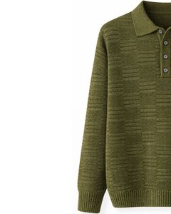 Suéter Polo de Punto Jacquard para Hombre, Manga Larga, Cuello con Botones, Informal, para Invierno, Color Verde Oliva, para Venta al por Mayor - Product Image 3