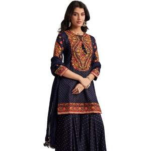 Kurta Sharara en soie bleu marine avec Dupatta brodé pour fête réception de mariage tenue festive indienne - Product Image 2