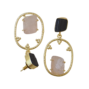 ต่างหูห้อยทรงคลาสสิกวินเทจสำหรับผู้หญิง ทำด้วยมือ ชุบทอง 14K ประดับด้วยทัวร์มาลีนและโรสควอตซ์ - Product Image 6