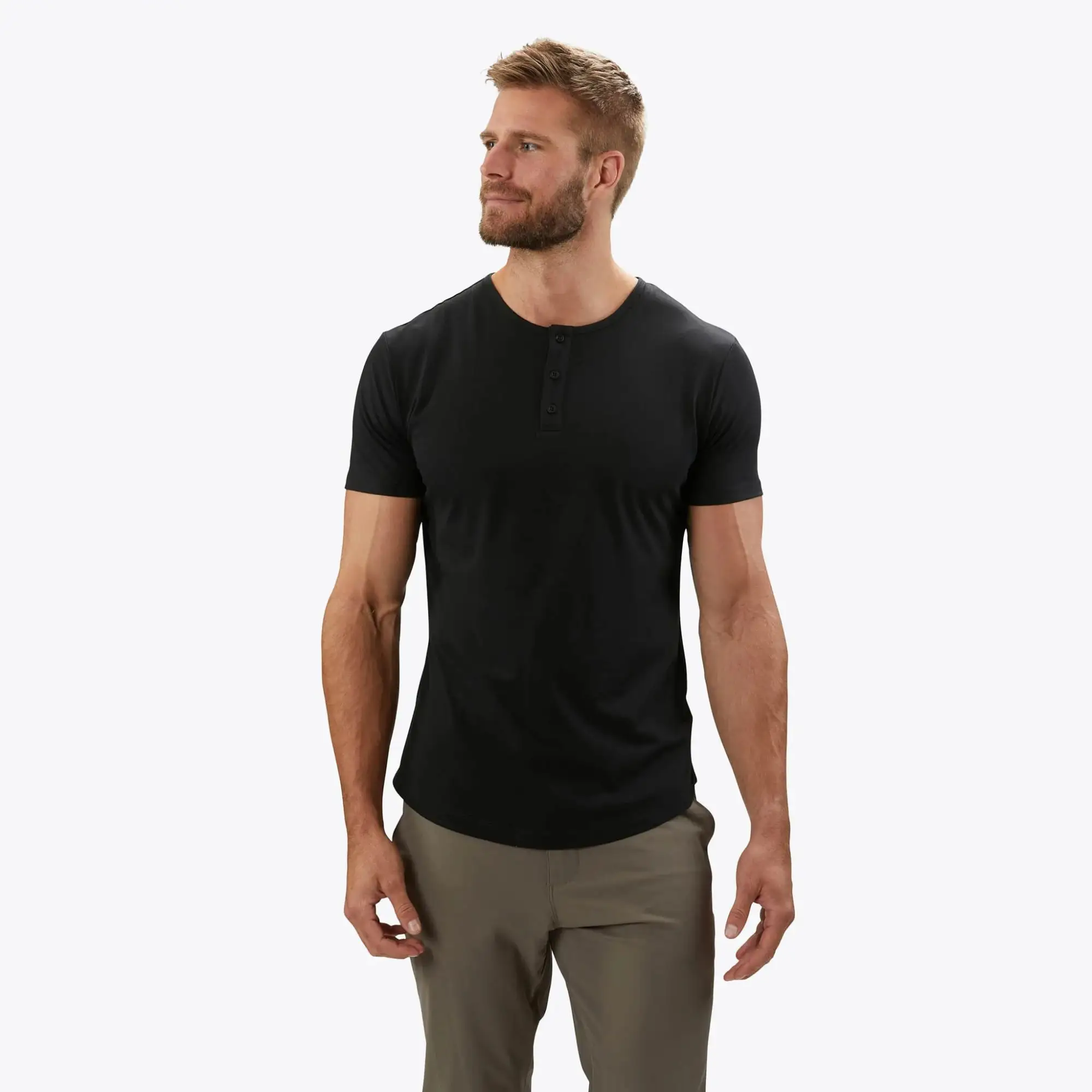 Top Selling Buttery Soft 62% Polyester 33% Cotton 5% Spandex Signature Fit Henley Curve-Hem Black Shirt