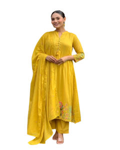 Elegante conjunto de traje de rayón con kurti bordado floral, pantalón a juego y dupatta en contraste, conjunto de tres piezas de ropa étnica cosida. - Product Image 1