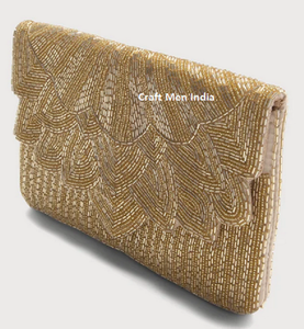 Flap <b>Clutch</b> <b>Bag</b> with Hand Bead Stone and <b>Pearl</b> Embroidery Suede Material Vintage Lady Style for Brides Wedding Party Wear - Product Image 1